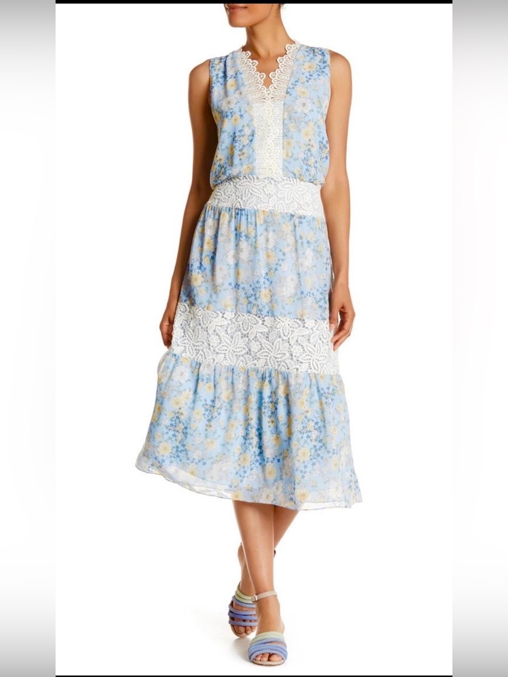Marchesa Light Blue and White Floral Lace Midi Dress